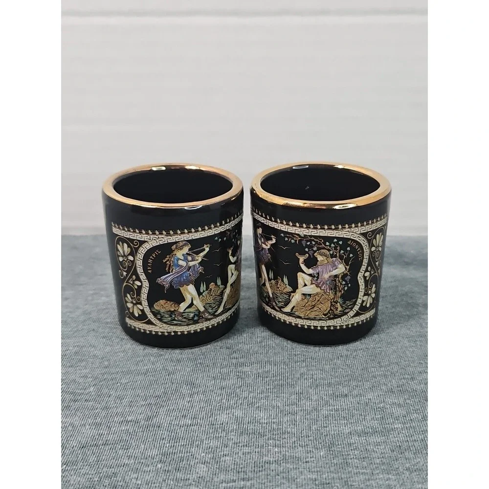 Vintage Greece Shot Glasses Black 24k Gold Set Of 2‎ Handmade
